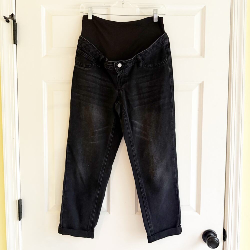 SHEIN Maternity Straight Leg Black Jeans Distressed Ankle Over Belly Size Small‎